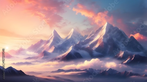 Beautiful sunrise over a mighty mountain range.