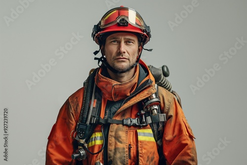 Close-up portrait of a firefighter in a red helmet and orange turnout gear, looking directly at the camera against a light gray background.