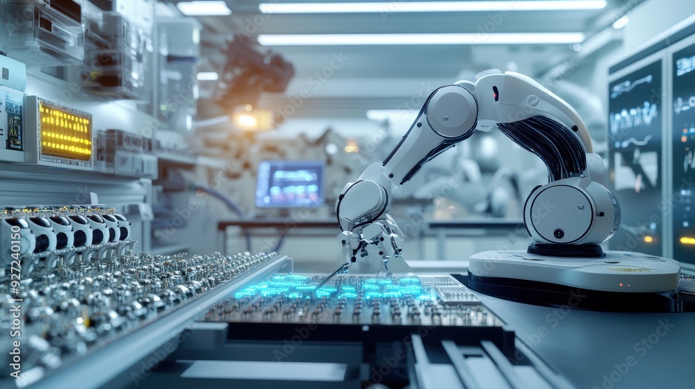 Modern Robot Assisting in the Manufacturing of Medical Equipment in a Factory Setting Modern Robot Assisting in the Manufacturing of Medical Equipment in a Factory Setting