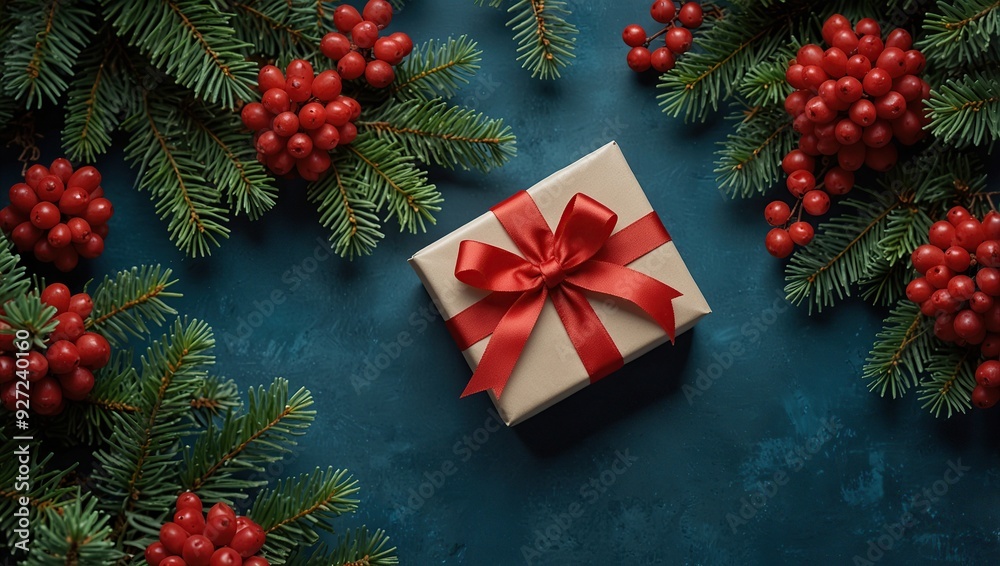Christmas tree branch with red berries and gift box over blue xmas background. Flat lay, top view, copy space. Christmas banner mockup with copy space Christmas tree branch with red berries and gift box over blue xmas background. Flat lay, top view, copy space. Christmas banner mockup with copy space