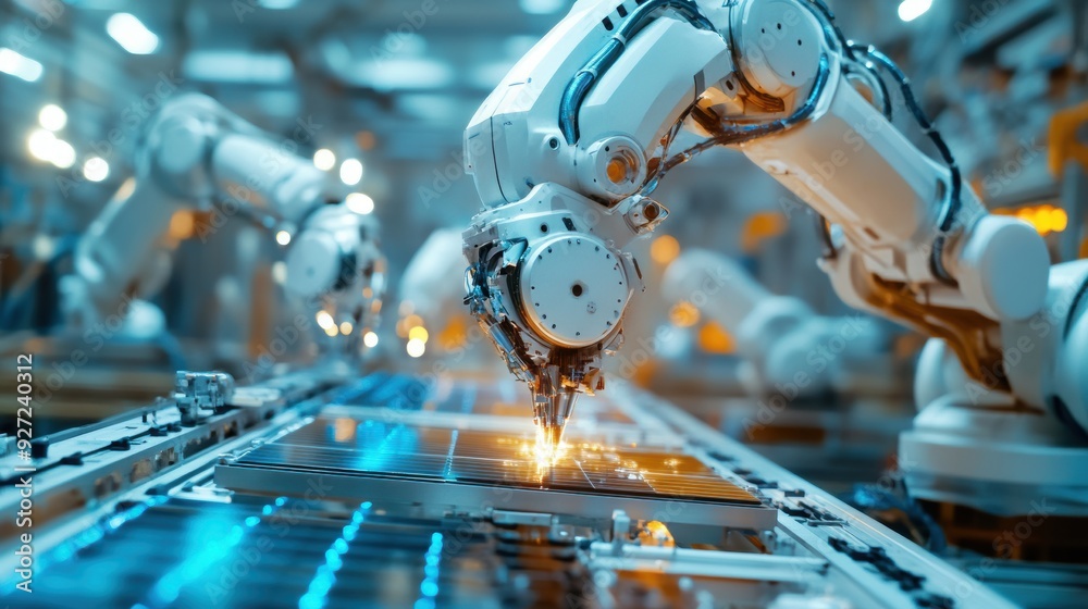 Fototapeta premium Futuristic Robots in Sustainable Energy Equipment Manufacturing