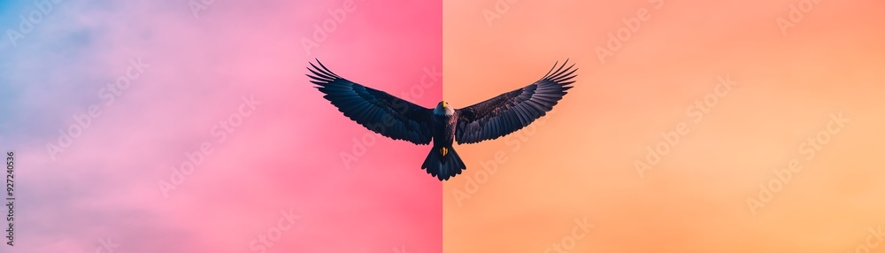 Obraz premium A majestic eagle soars through a vibrant, pastel sky, its wings outstretched in a symbol of freedom and power.