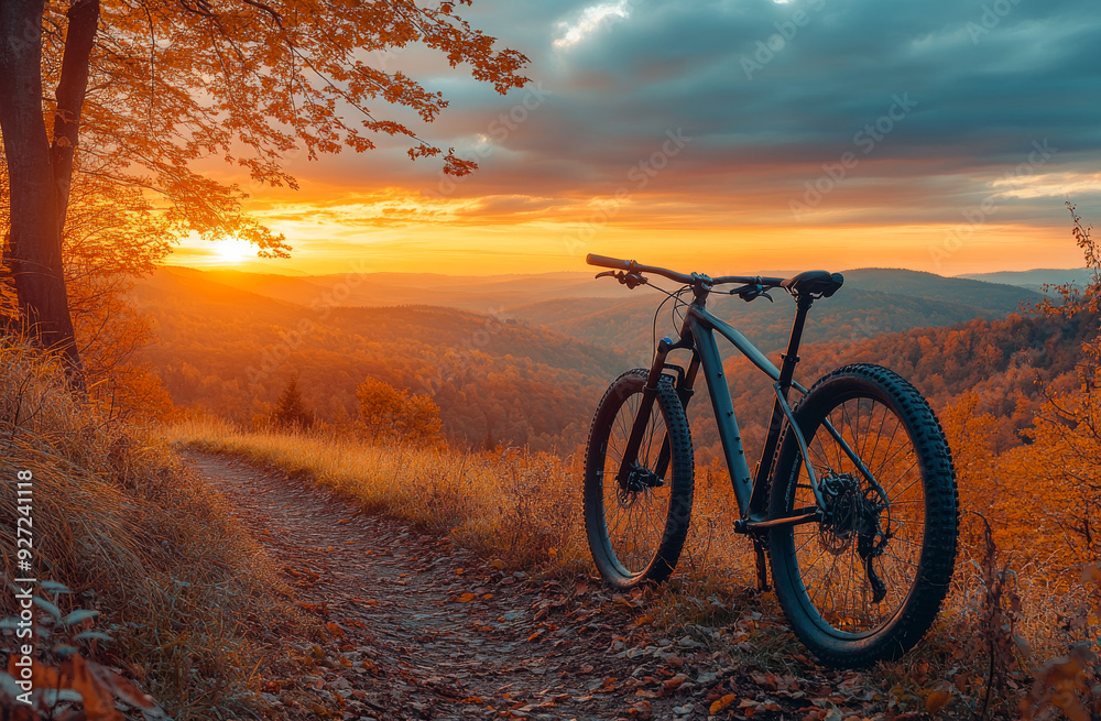 Fototapeta premium Sunset view with a mountain bike on a forest trail in autumn. A mountain bike rests on a scenic trail as the sun sets over autumn foliage.