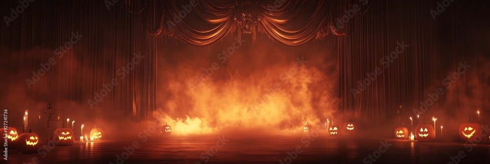Naklejka premium A spooky Halloween stage with burning fire, fog and jack-o'-lanterns as the centerpiece symbolizing festivity, mystery, darkness, celebration and autumn.