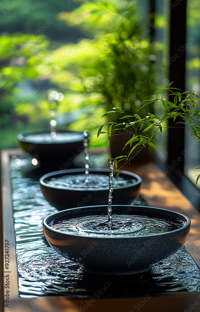 Tranquil water features in a serene indoor garden setting. Water flows gently from bowls into a peaceful indoor garden with lush greenery. Tranquil water features in a serene indoor garden setting. Water flows gently from bowls into a peaceful indoor garden with lush greenery.