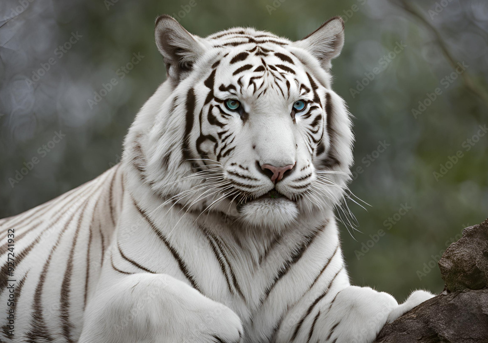Regal Gaze: A white tiger with piercing blue eyes, sitting upright with a serene and majestic expression