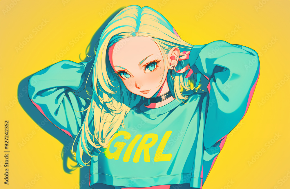 Fototapeta premium カラフルでおしゃれなストリートファッションの女の子
