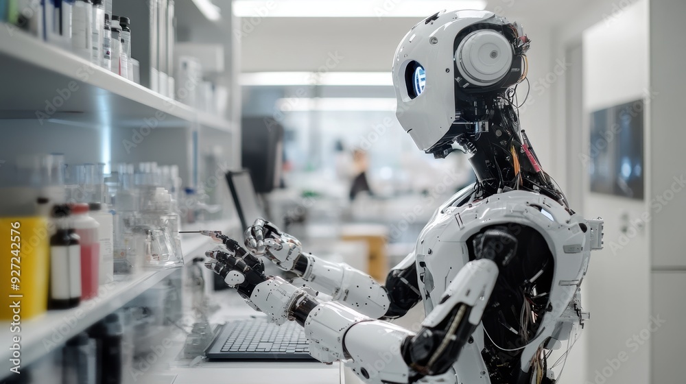 Futuristic Robot Assisting in High-Tech Research Lab Futuristic Robot Assisting in High-Tech Research Lab