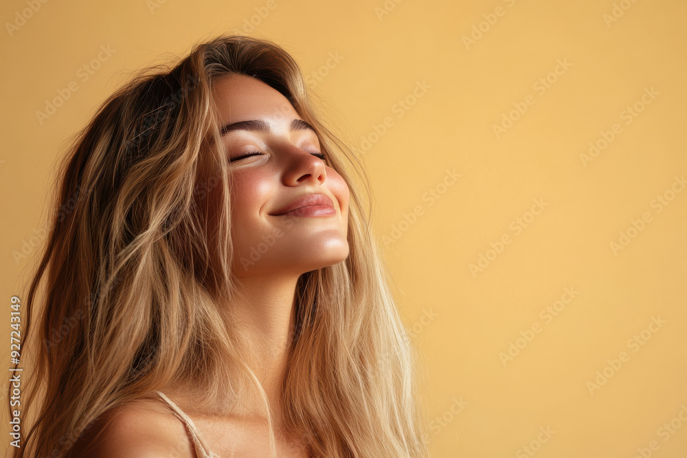 A close up of a woman's face with her eyes closed and long blond hair A close up of a woman's face with her eyes closed and long blond hair