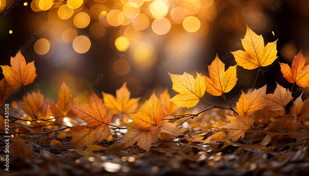 Fallen autumn leaves with warm bokeh lights in the background Fallen autumn leaves with warm bokeh lights in the background