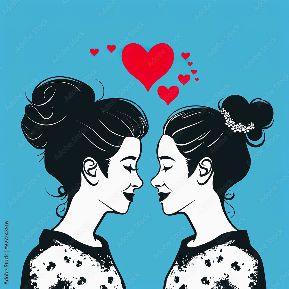 Two Women Facing Each Other With Hearts Above Two Women Facing Each Other With Hearts Above