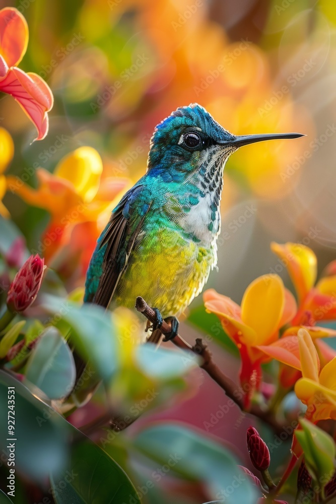 A small, iridescent hummingbird perches on a branch amidst a colorful display of flowers A small, iridescent hummingbird perches on a branch amidst a colorful display of flowers