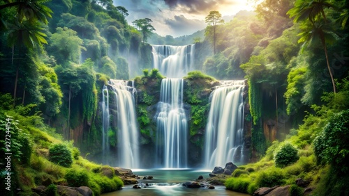 Fototapeta Naklejka Na Ścianę i Meble -  Double exposure waterfall cascading through lush jungle landscape, waterfall, jungle, double exposure, nature, tropical, green