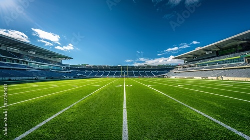 An empty football stadium under a bright blue sky with clouds, symbolizing anticipation, potential, and the promise of exciting games ahead. The green field is pristine, ready for action, and the stan