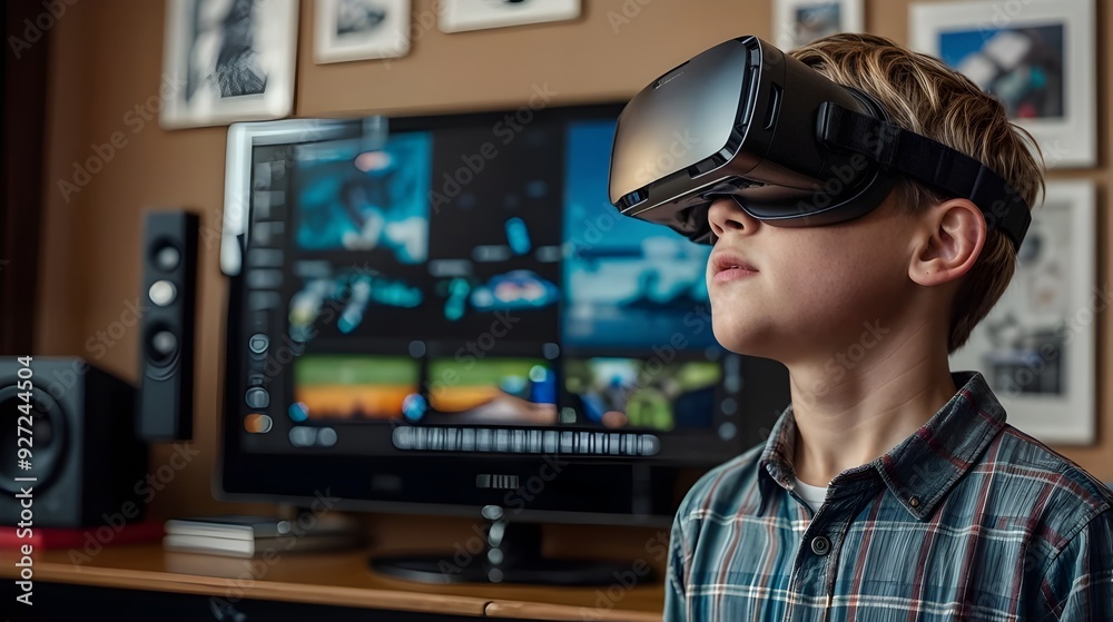 handsome boy, student using virtual reality glasses at home in his bedroom handsome boy, student using virtual reality glasses at home in his bedroom