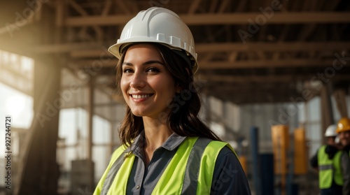 Smiling woman donning a hard hat on construction site 