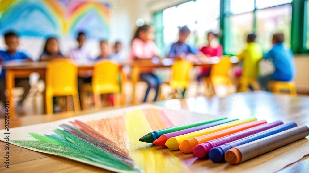 Crayons on a table with a blurred background of a classroom. Crayons on a table with a blurred background of a classroom.