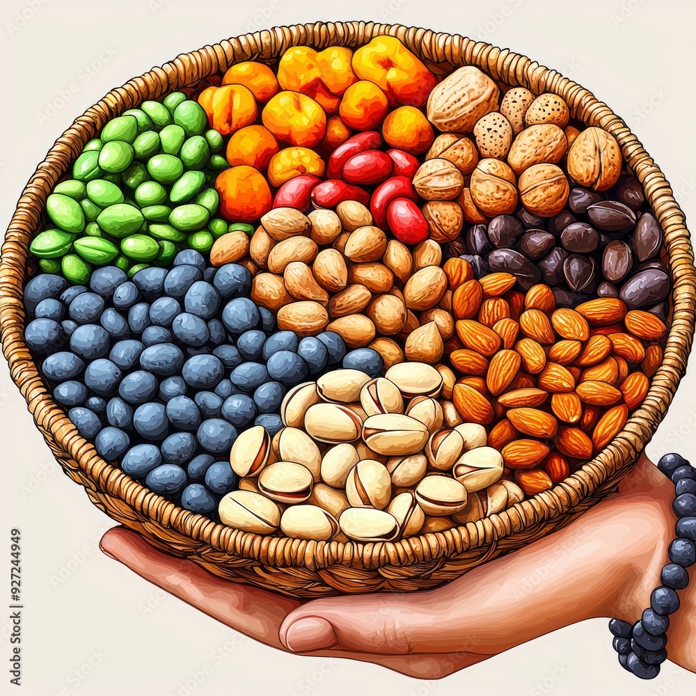 Assortment of Nuts and Berries in a Basket Assortment of Nuts and Berries in a Basket