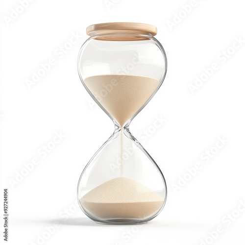 A clear glass hourglass filled with sand, showcasing the passage of time with a minimalist design and a wooden lid