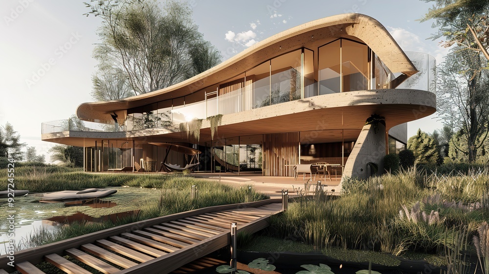 Modern, curved house with a wooden walkway leading to a pond. Modern, curved house with a wooden walkway leading to a pond.