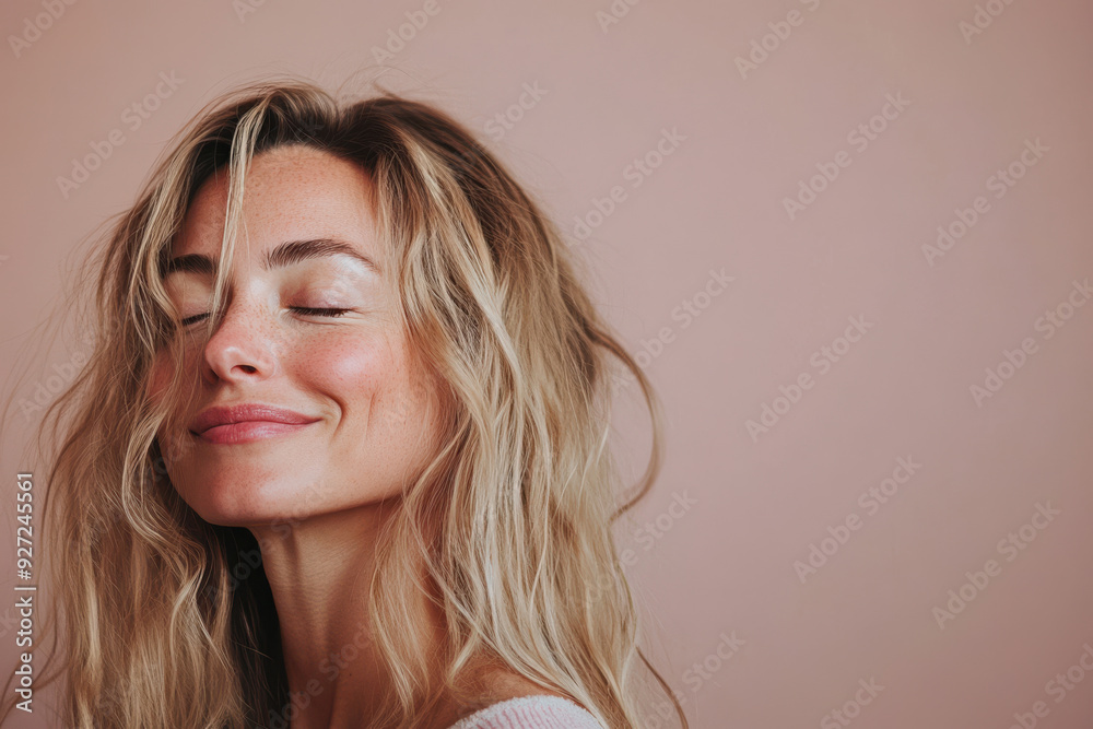 Fototapeta premium A close up of a woman's face with her eyes closed and long blond hair