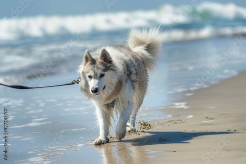 Walk The Dog. Eskimo Dog Enjoying a Sunny Day Walking on the Beach photo