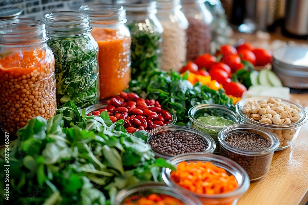 Variety of colorful vegetables and legumes in jars arranged on a wooden table in a bright kitchen setting, space for text, vegan nutrition, vegan recipes Variety of colorful vegetables and legumes in jars arranged on a wooden table in a bright kitchen setting, space for text, vegan nutrition, vegan recipes