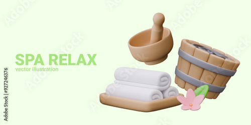 Tray with rolled clean towels, wooden round tub, flower, mortar and pestle