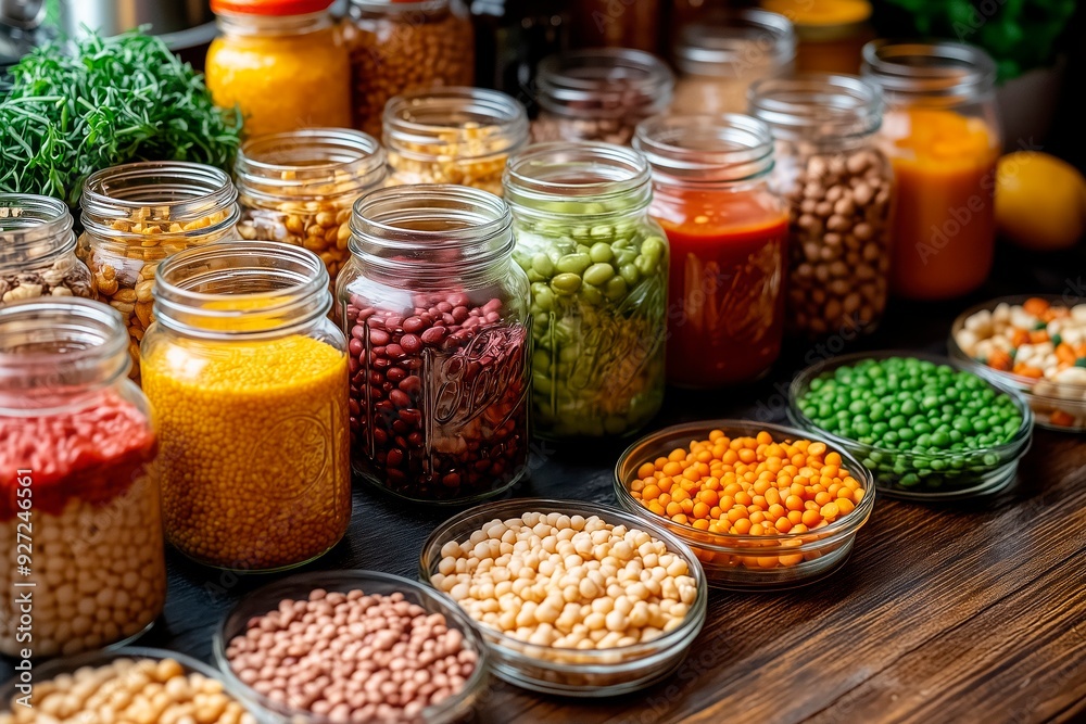 Variety of colorful vegetables and legumes in jars arranged on a wooden table in a bright kitchen setting, space for text, vegan nutrition, vegan recipes