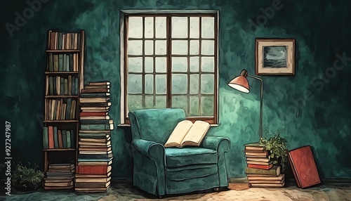 A watercolorstyle illustration of a cozy reading nook by a window, featuring a comfortable armchair, a stack of books, and soft lighting, space for text, high detailed photo