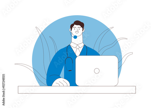 Medical Specialist Wearing Headset with Laptop on Abstract Background. Call Center Concept. Modern Flat Vector Illustration. 