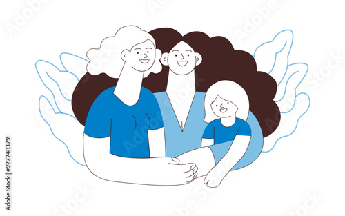 Happy Diverse Couple of Same Female Gender and Female Child Embracing Each Other on Abstract Background. Family Health and Wellness. Black and White Modern Flat Vector Illustration. Website Banner.