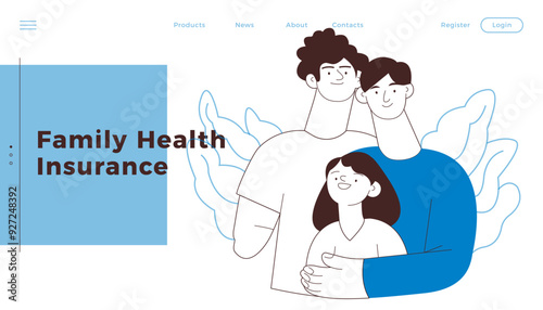 Happy Diverse Couple of Same Male Gender and Female Child Embracing Each Other on Abstract Background. Male with One Disable Arm. Family Health and Wellness. Modern Flat Vector Illustration. 