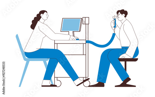 Spirometry. Pulmonary function test. Medical Specialist with Male Patient Performs Spirometry in Laboratory or Office. Black and White Modern Flat Vector Illustration.  