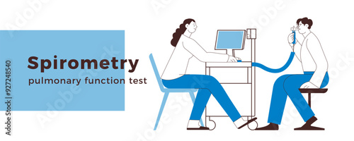 Spirometry. Pulmonary function test. Medical Specialist with Male Patient Performs Spirometry in Laboratory or Office. Black and White Modern Flat Vector Illustration.  Website Banner Template.