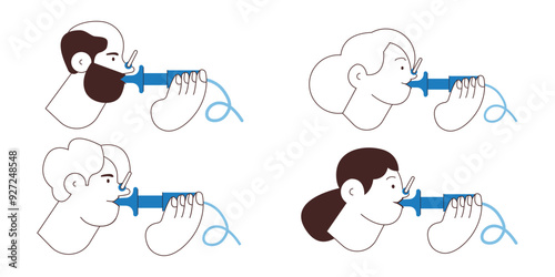 Patients Performing Pulmonary Function Test. Black and white modern flat vector illustration. Lung Function Test on Patients. Website Banner, Landing Page Design Template.