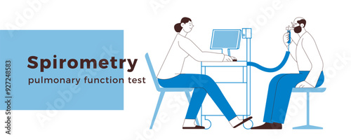 Spirometry. Pulmonary function test. Medical Specialist with Male Patient Performs Spirometry in Laboratory or Office. Black and White Modern Flat Vector Illustration.  Website Banner Template.
