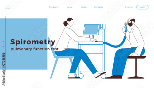 Spirometry. Pulmonary function test. Medical Specialist with Male Patient Performs Spirometry in Laboratory or Office. Black and White Modern Flat Vector Illustration.  Website Banner Template.