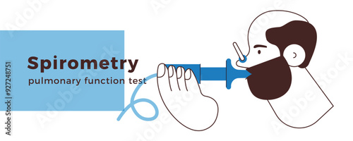 Male Performs Pulmonary Function Test. Black and White Modern Flat Vector Illustration. Lung Function Test on Patient. 