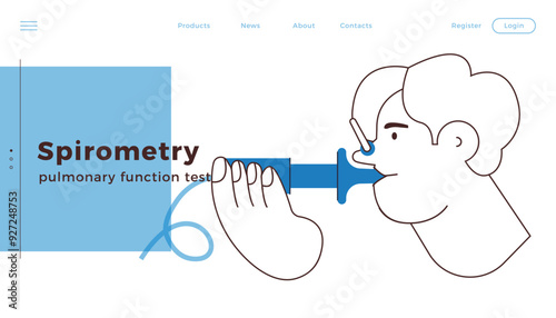 Male Performs Pulmonary Function Test. Black and White Modern Flat Vector Illustration. Lung Function Test on Patient. Website Banner, Landing Page Design Template.