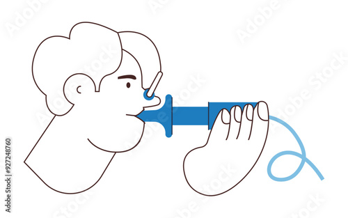 Male Performs Pulmonary Function Test. Black and White Modern Flat Vector Illustration. Lung Function Test on Patient. 
