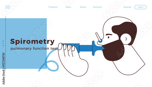 Male Performs Pulmonary Function Test. Black and White Modern Flat Vector Illustration. Lung Function Test on Patient. Website Banner, Landing Page Design Template.