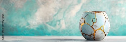 cracked blue ceramic bowl with gold cracks on it in kintsugi style photo