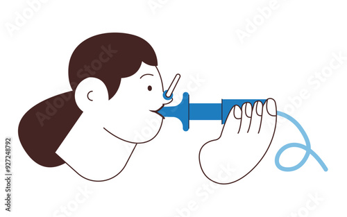 Female Performs Pulmonary Function Test. Black and White Modern Flat Vector Illustration. Lung Function Test on Patient. 