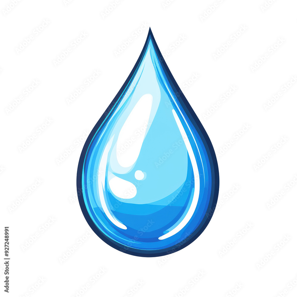 A stylized, glossy blue water droplet with a smooth surface and a pointed tip, symbolizing purity and freshness A stylized, glossy blue water droplet with a smooth surface and a pointed tip, symbolizing purity and freshness
