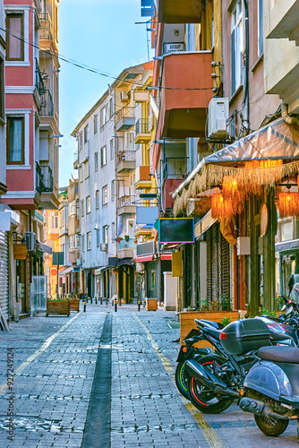 Chanakkale, Colorful streets with old beautiful houses and souvenir shops and restaurants photo