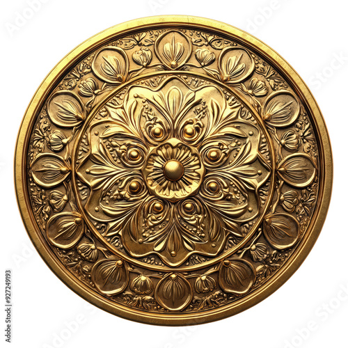 A decorative gold medallion featuring intricate floral patterns and a central orb, all rendered in a rich golden hue, showcasing detailed craftsmanship