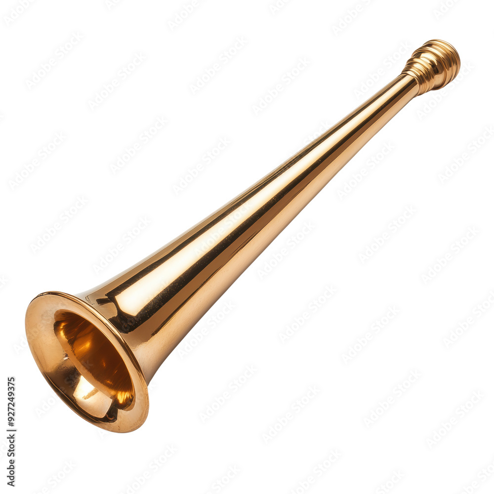 Obraz premium A shiny brass hornwith a long tapering shape, typically used in orchestras or military bands for signaling or ceremonial purposes