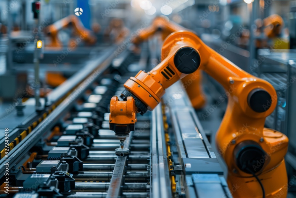 A close-up of an orange robotic arm working on an assembly line in a factory, drilling a hole in a metal part A close-up of an orange robotic arm working on an assembly line in a factory, drilling a hole in a metal part