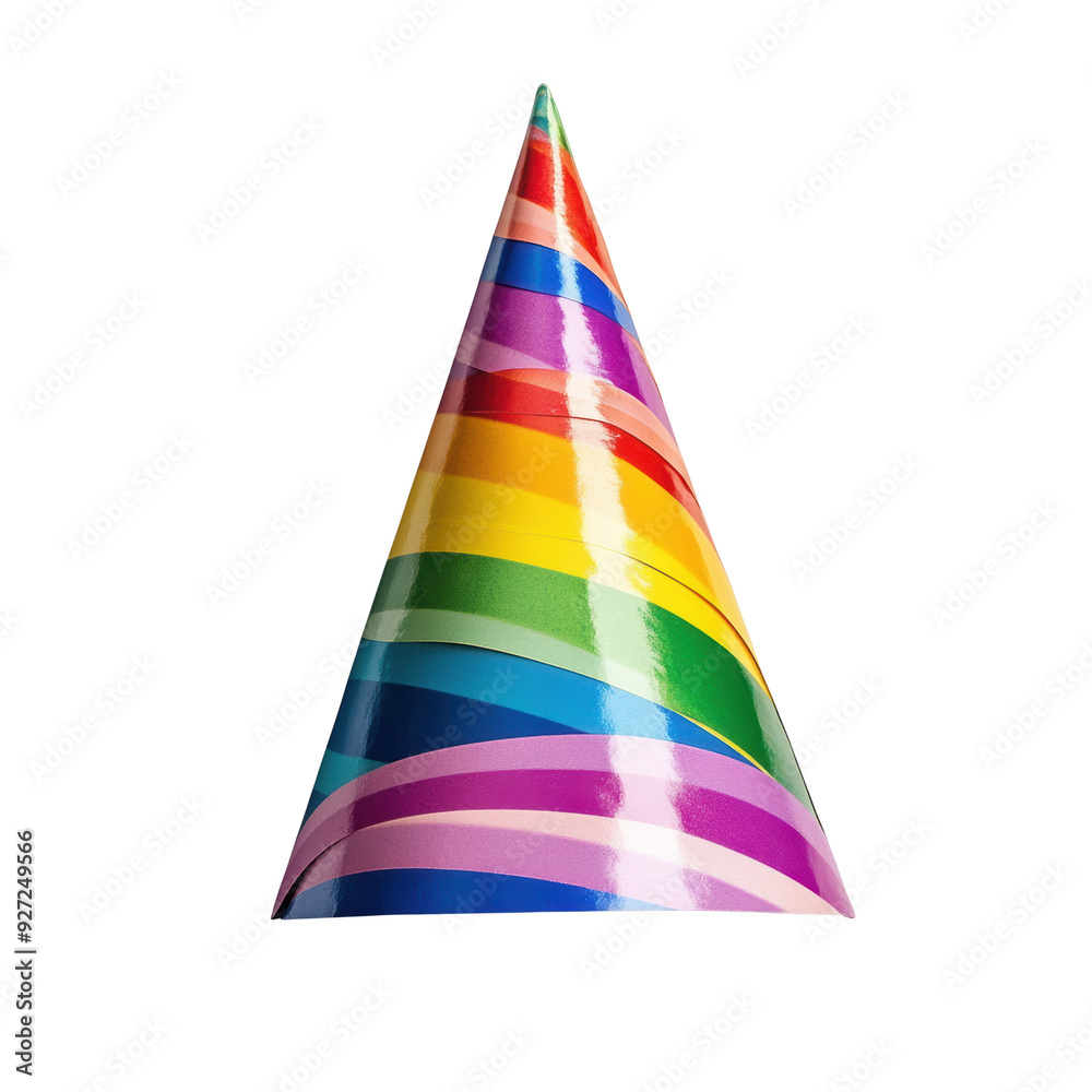 A vibrant party hat featuring a striped rainbow pattern, perfect for celebrations and festive occasions A vibrant party hat featuring a striped rainbow pattern, perfect for celebrations and festive occasions